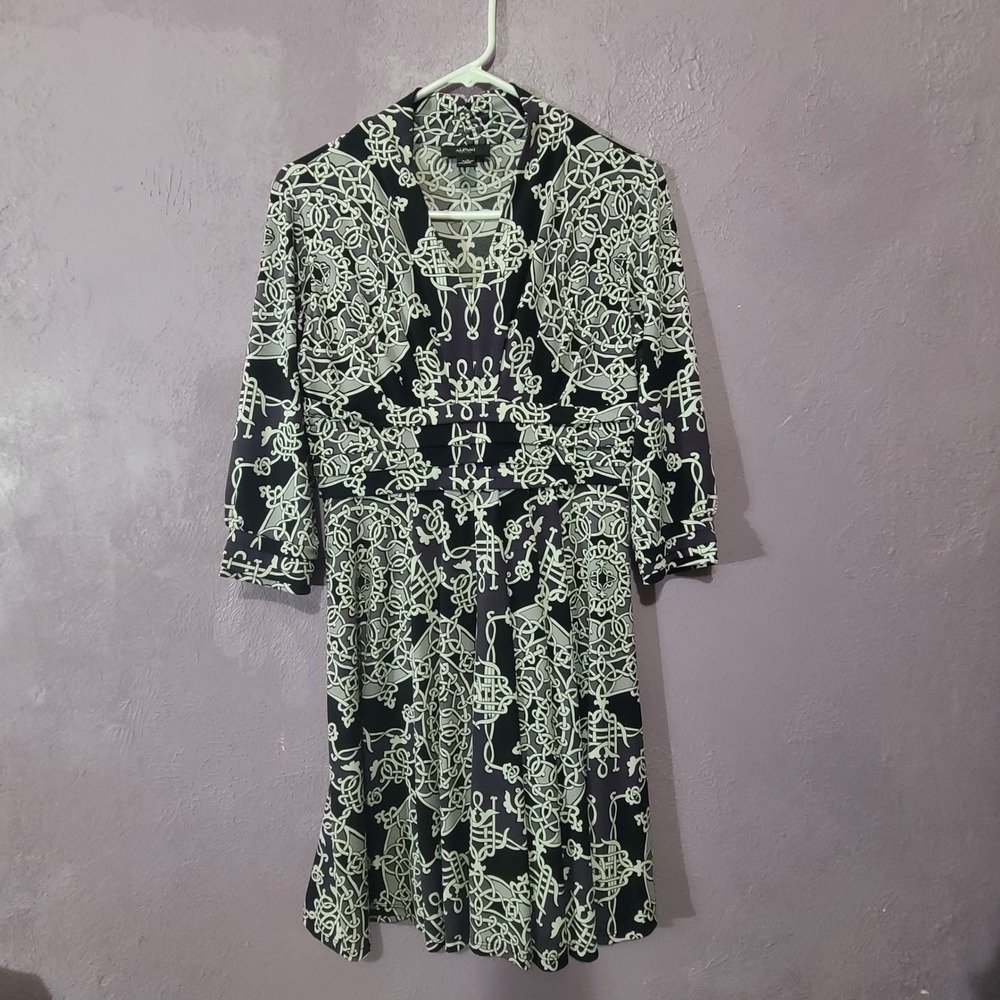 Alfani Dress Women Petite Small Black Grey Purple Geometric V-Neck 3/4 Sleeve